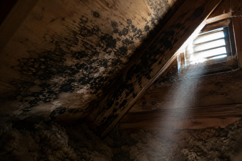Mold growth on attic framing in a Grand Rapids home