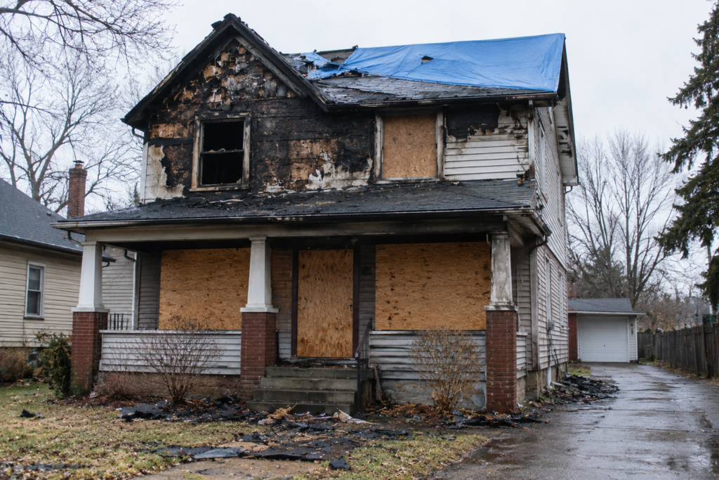 Fire-damaged Grand Rapids home with windows and front door secured by plywood board-up and a tarp over the roof