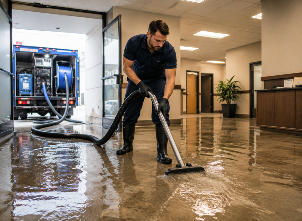 Technician extracting large-volume standing water after fire hose water damage in Grand Rapids
