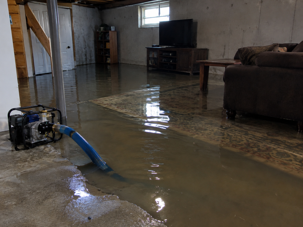 Flooded basement in a Grand Rapids home with standing water and a pump being used for flood damage cleanup