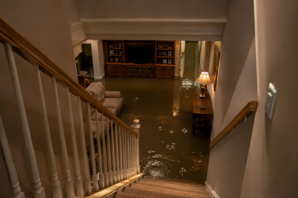 View down a staircase into a flooded basement in a Cascade, MI home