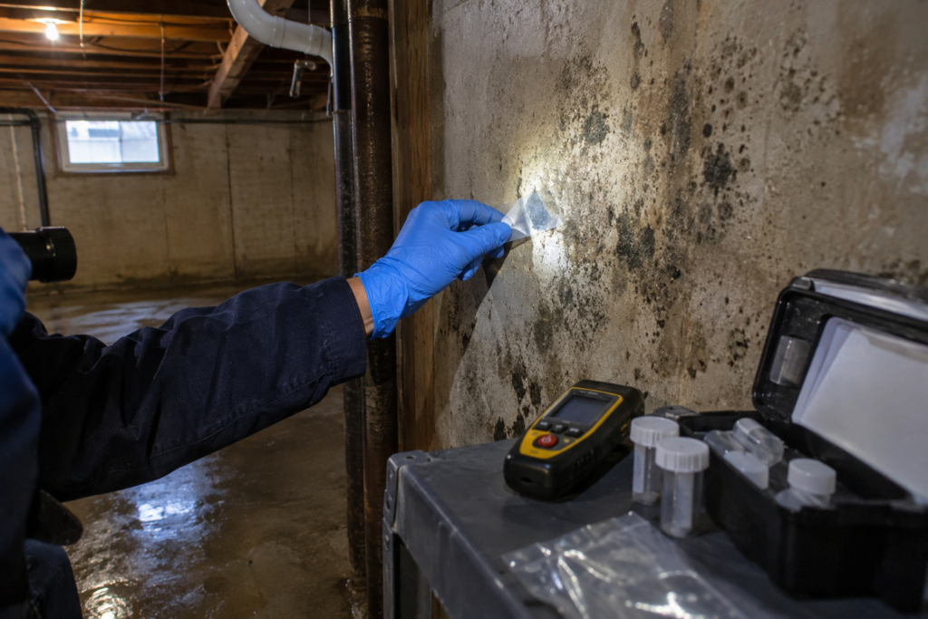 Inspector taking a surface sample from mold-stained drywall in a Grand Rapids basement during a mold inspection