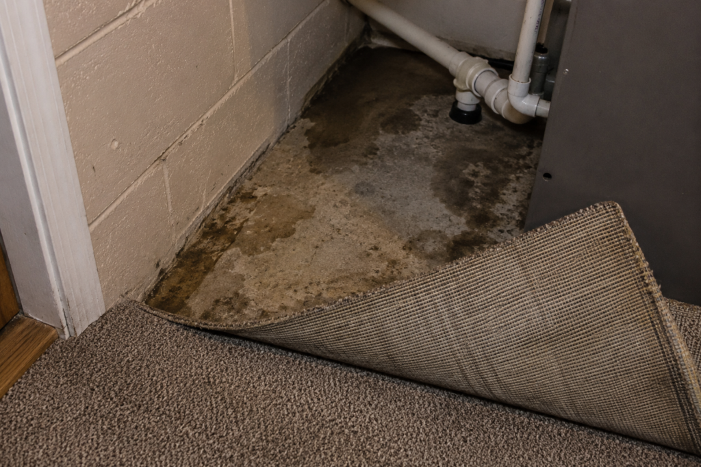 Damp subfloor under basement carpet showing early mold risk
