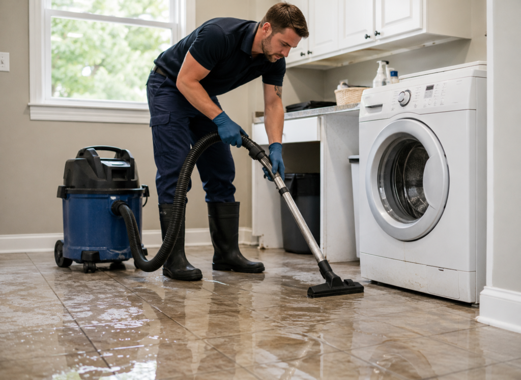 Technician extracting water from laundry room after washing machine overflow in Grand Rapids home