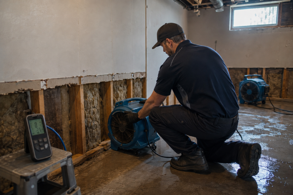 Technician drying exposed wall insulation after a flood cut during the water damage restoration process in a Grand Rapids basement