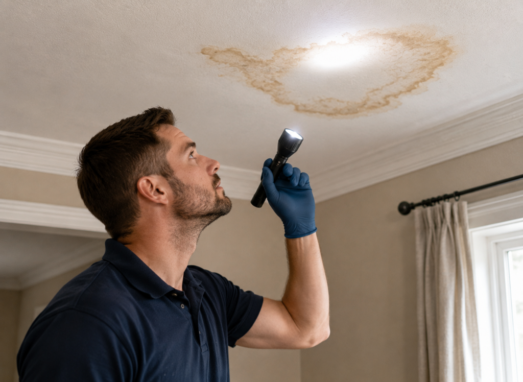 Technician inspecting a water stain on a ceiling in a Grand Rapids home
