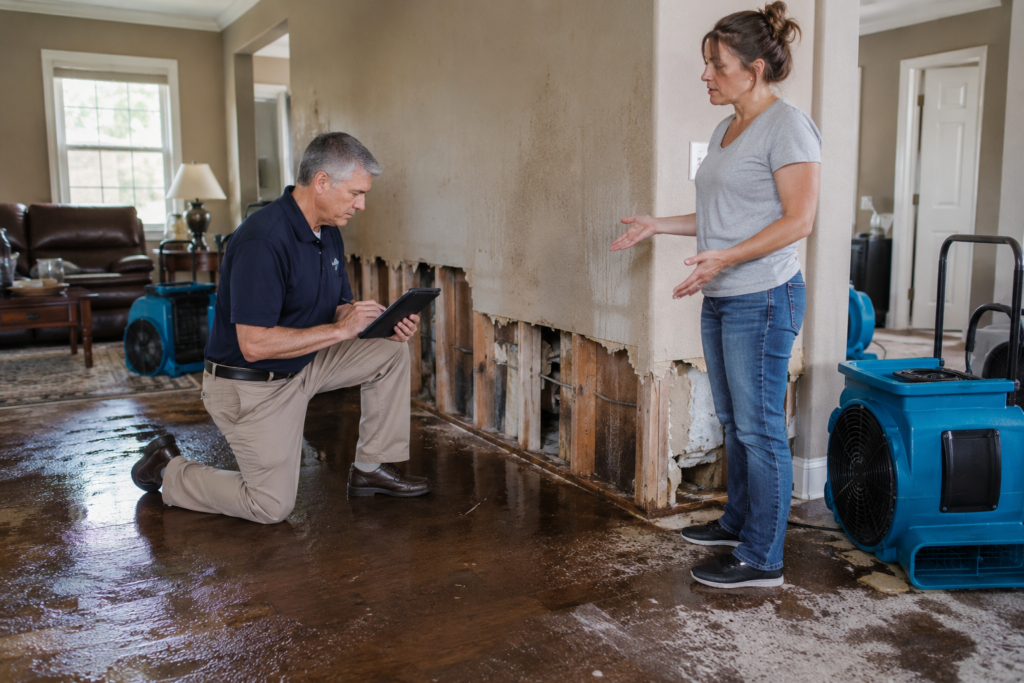 Insurance adjuster inspecting water damage inside a home while discussing the insurance claim with a homeowner.