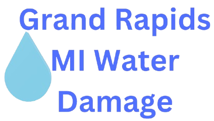 Grand Rapids MI Water Damage company logo featuring a blue water droplet and bold blue text representing professional water damage restoration services.